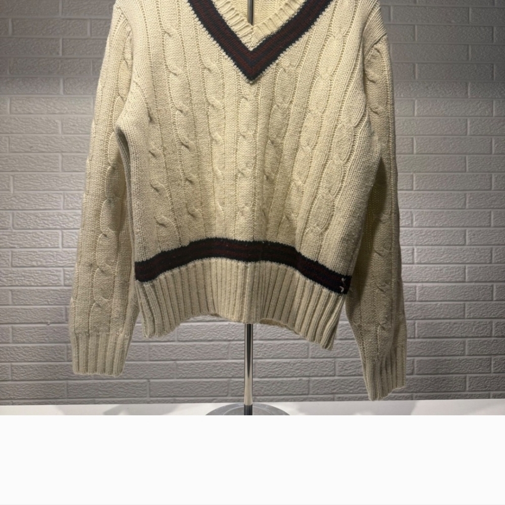 Jayson Younger Mens Cable Knit V Neck Sweater Cream Burgundy Size L